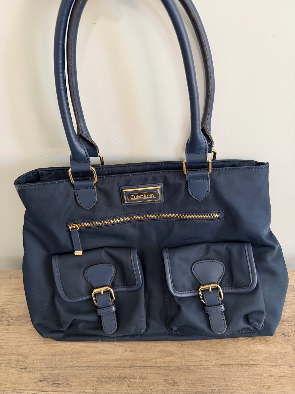 Calvin Klein Navy Blue Tote Shoulder Bag Gold Hardware
